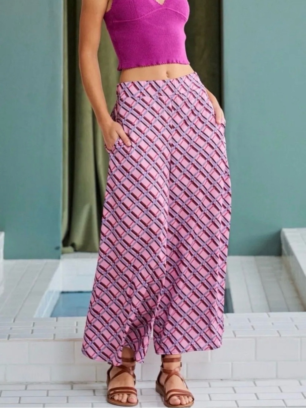 Jade by Jane Wide Leg Pink Plaid Pants